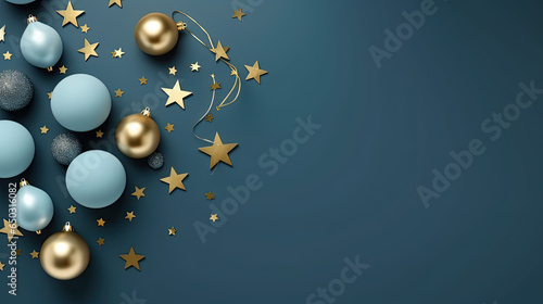 Weihnachtlicher Hintergrund / Wallpaper mit Christbaumkugeln und Sternen (Hintergrund dunkel, Sterne Kugeln Gold, Silber, Hellblau)