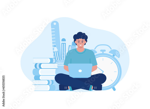 Time to learn. Students are sitting and studying using laptops concept flat illustration