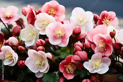 Red pink Christmas Rose Hellebore Flowers  photo