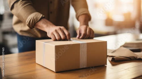 Close-up of a man's hands packing a cardboard box in shop preparing for shipment e-commerce, Logistics, Delivery.