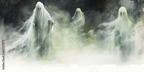 Ghostly apparitions in watercolor: Washes of grey, black, and eerie green to represent haunting spirits, soft blending, organic shapes, mystical ambiance