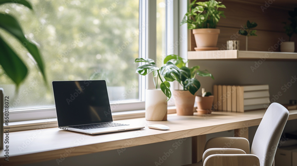 custom made wallpaper toronto digitalModern minimalist home office, Scandinavian style, white oak desk, MacBook Pro setup, ergonomic chair, natural lighting from large windows, monstera plant on a corner shelf