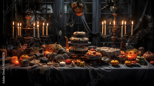 Halloween feast table, lit by candles, cobwebs covering the chandeliers, a feast of seasonal foods, pumpkin pie, candy corn, apples for bobbing