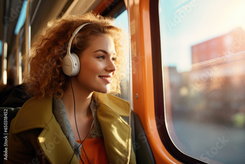 Passenger woman with earphones listening to the music online on phone while riding the tram