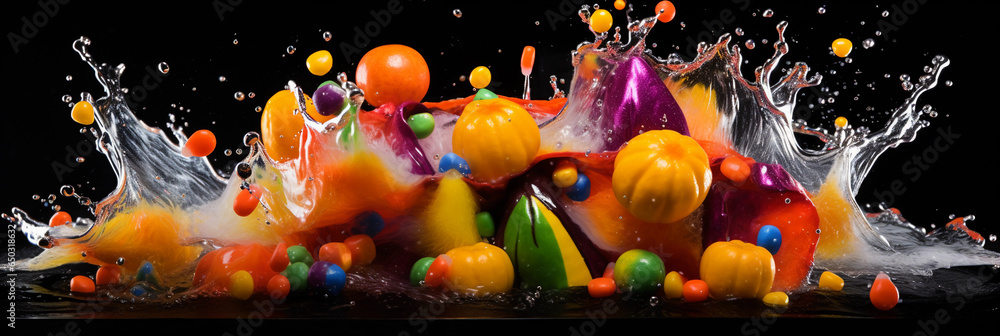 Trick - or - Treat Candy Explosion: Splashes of vibrant colors resembling candy corn, M& Ms, and other Halloween treats, ultra - high - speed photography