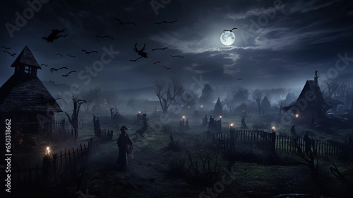 moonlit Halloween night, witches flying on broomsticks against the full moon, a haunted mansion in the background, misty fields and skeletal trees photo