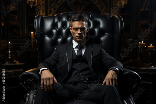 handsome and successful businessman sits in a leather armchair