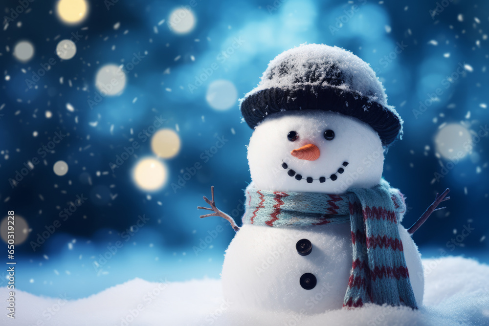 Fototapeta premium Happy snowman with abstract bokeh