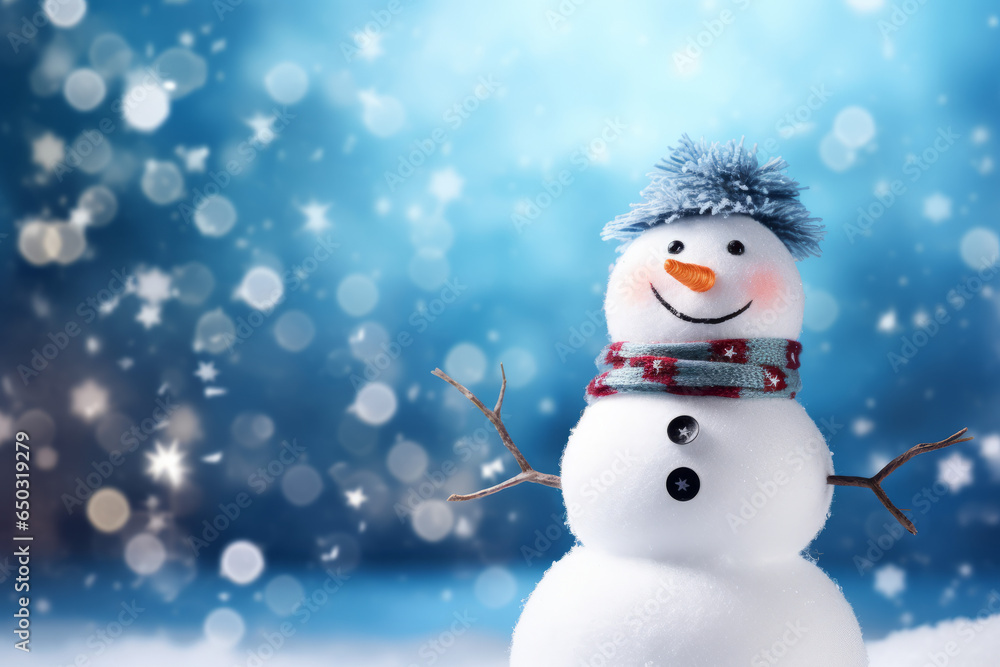 Happy snowman with abstract bokeh