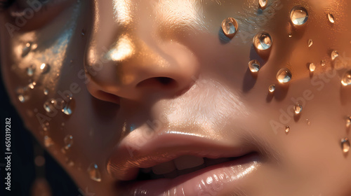 A tight close-up of a model's lips and cheeks, painted with hues reminiscent of a sunset. The lip color transitions from a deep crimson at the corners to a radiant gold at the center