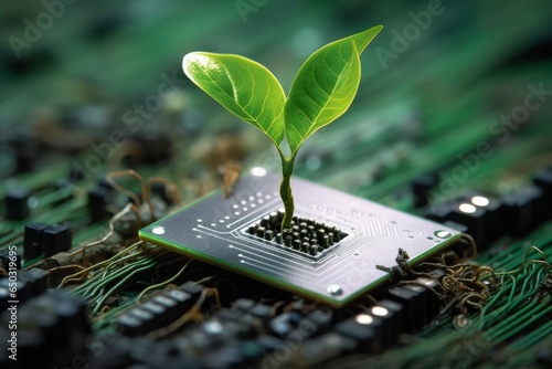 Tree sapling that broke out from computer chip , Green tree sprout on a computer chip, Generative AI