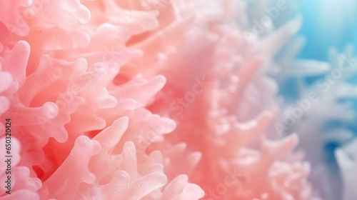 Extreme close-up of abstract blurred underwater coral  coral pink and ocean blue hues  in the style of gradient blurred wallpapers  depth of field  serene visuals  minimalistic simplicity  