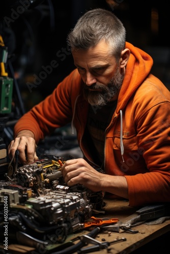A man fixing an engine in his garage. Generative AI