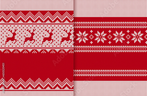 Holiday knitted red texture. Christmas winter print. Fair knit sweater background. Seamless pattern with deers, trees. Xmas traditional ornament. Festive wool pullover vector illustration.