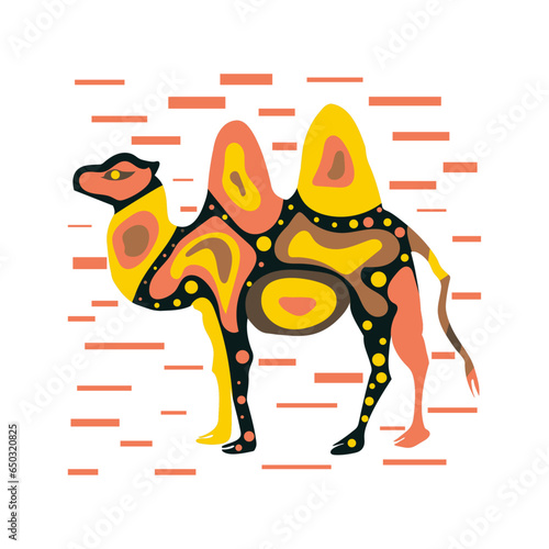Cute multicolored camel with pattern polka dot on background of bricks. One from the collection for kids. Vector illustration