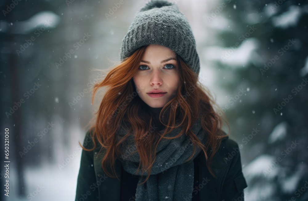 Woman alone in the forest during a winter snow Woman alone in the forest during a winter snow