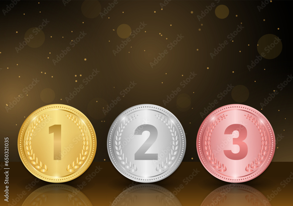 Gold, Silver and Bronze Medals in Dark Gold Background. Sport Winner