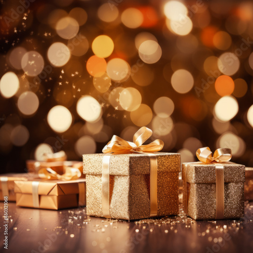 Christmas presents with glittery gold bokeh background, with space for text