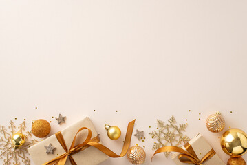 Season's Greetings Display: Top view shot of festive gift boxes adorned with orange silk ribbons, surrounded by stylish tree ornaments, golden baubles, stars, snowflakes, sequins on soft backdrop