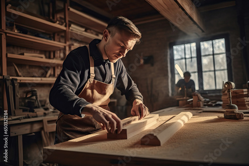 Young carpenter processing materials for wooden house construction