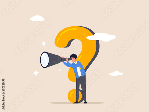 Search for solution concept. Curiosity explore unknown, new business opportunity, seek for success, curios businessman with huge question mark look through binoculars to search for new business idea.