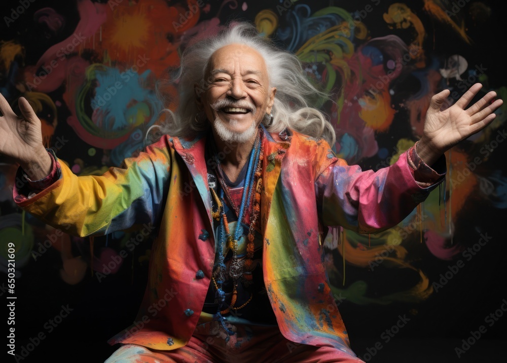 Asian Male Elderly Senior Rainbow Colors Thrilled Setting Vibrant Background Generative AI