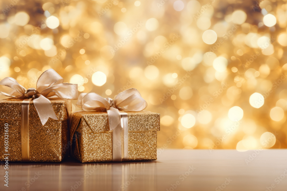 Christmas presents with glittery gold bokeh background, with space for text Christmas presents with glittery gold bokeh background, with space for text