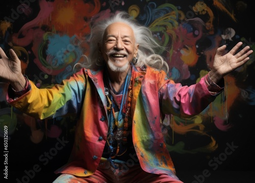 Asian Male Elderly Senior Rainbow Colors Thrilled Setting Vibrant Background Generative AI