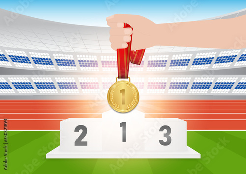 Gold, Silver and Bronze Medals with Winer Sport Podium in Running Track Arena. Champion and Winning Concept. Vector Illustration.