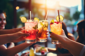 Close up of friends group cheering mojito drinks at bar restaurant
