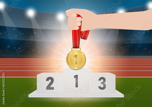 Gold, Silver and Bronze Medals with Winer Sport Podium in Running Track Arena. Champion and Winning Concept. Vector Illustration.