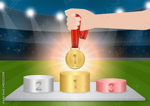 Hand Holding Gold Medal with Winer Sport Podium in Soccer Field or Sport Arena. Champion and Winning Concept. Vector Illustration.