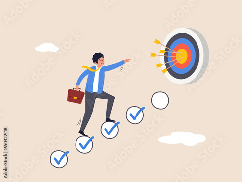 Motivate and achieve business target concept. Personal development plan for career success, build specialist skill or competence, smart businessman walk up checklist as staircase to achieve target.