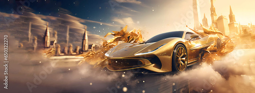 Golden Racing Car. Car against the background of the city. Gold. Banner. Copy space. Generated AI. Edited in Photoshop. photo