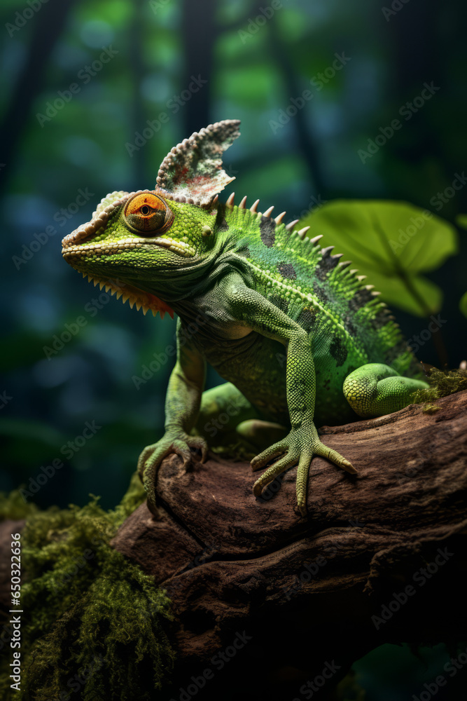 Chameleon sitting on a branch in the rain forest