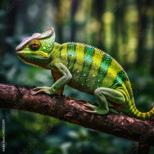 Chameleon sitting on a branch in the rain forest