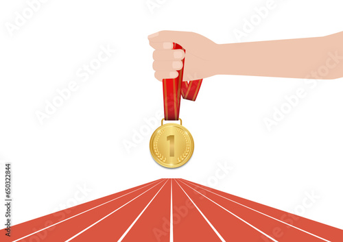 Hand Holding Gold Medal in Running Track Arena. Champion and Winning Concept. Vector Illustration.