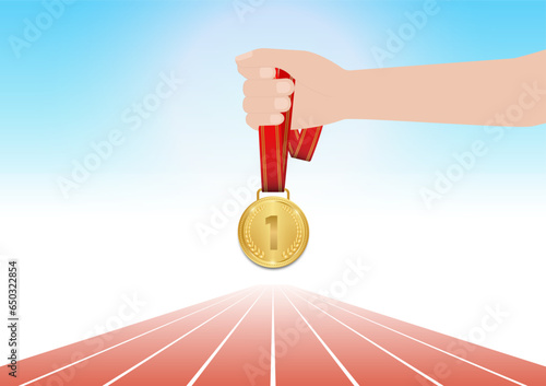 Hand Holding Gold Medal in Running Track Arena. Champion and Winning Concept. Vector Illustration.