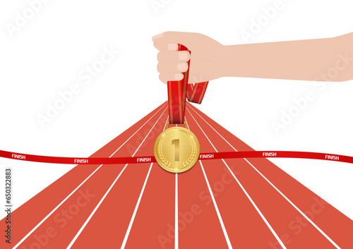 Hand Holding Gold Medal at Finish Line in Running Track Arena. Champion and Winning Concept. Vector Illustration.