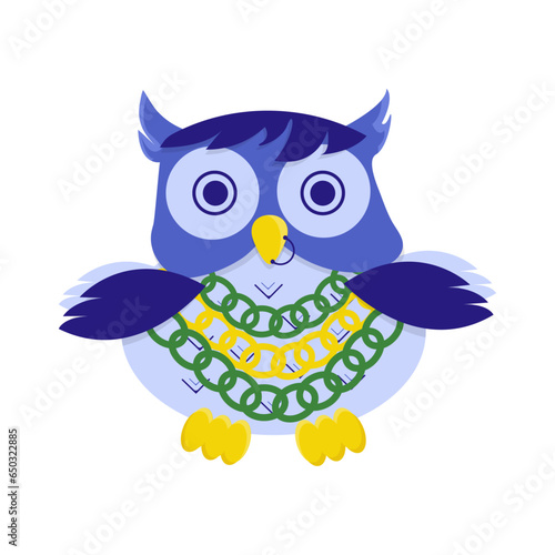 Cute colorful blue owl with chains on chest and nose piercing. One from the collection for kids. Vector illustration