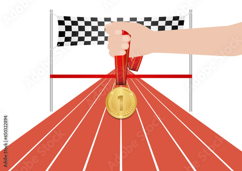 Hand Holding Gold Medal at Finish Line in Running Track Arena. Champion and Winning Concept. Vector Illustration.