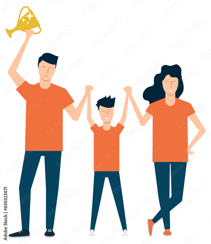 Obraz premium The family team won the gold cup. Dad, mom and son are happy together. illustration