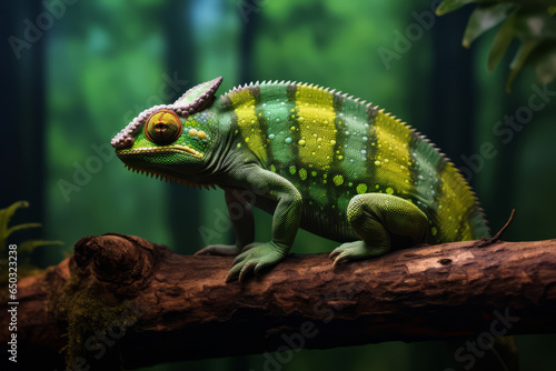 Chameleon sitting on a branch in the rain forest