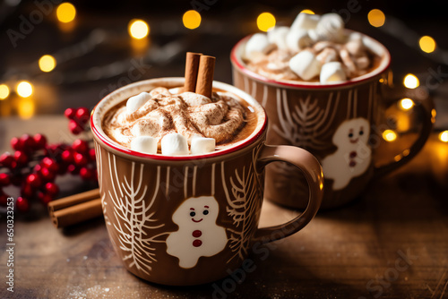 A mug with hot chocolate with melt marshmallo and snowman for topping, seasonal drink photo