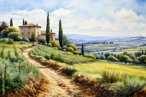 Detailed Watercolor Painting of Tuscan Landscape, Generative AI