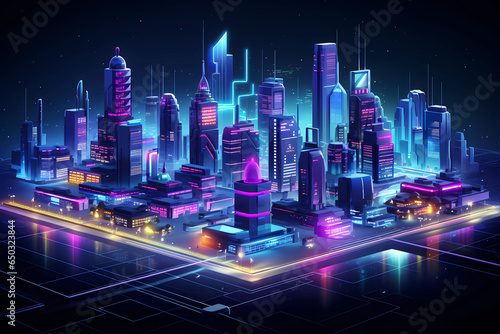 isometric sci-fi city at night, shiny neon lights, black background