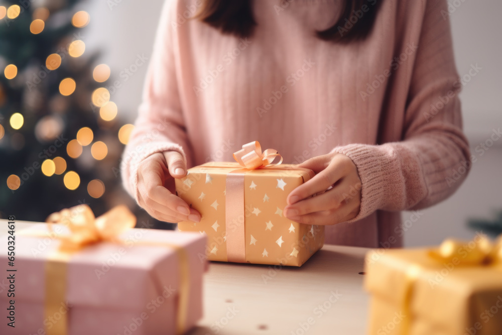 An unrecognizable woman is wrapping a Christmas gifts in craft paper An unrecognizable woman is wrapping a Christmas gifts in craft paper
