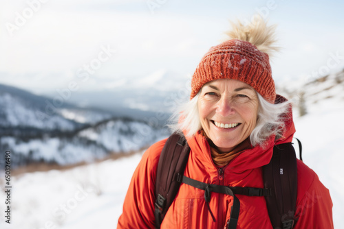 Happy retiree woman on winter vacation