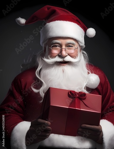 Portrait image of Santa claus holding presents, Christmas background