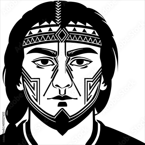 Native American Warrior with Traditional Black and White Facepaint. 